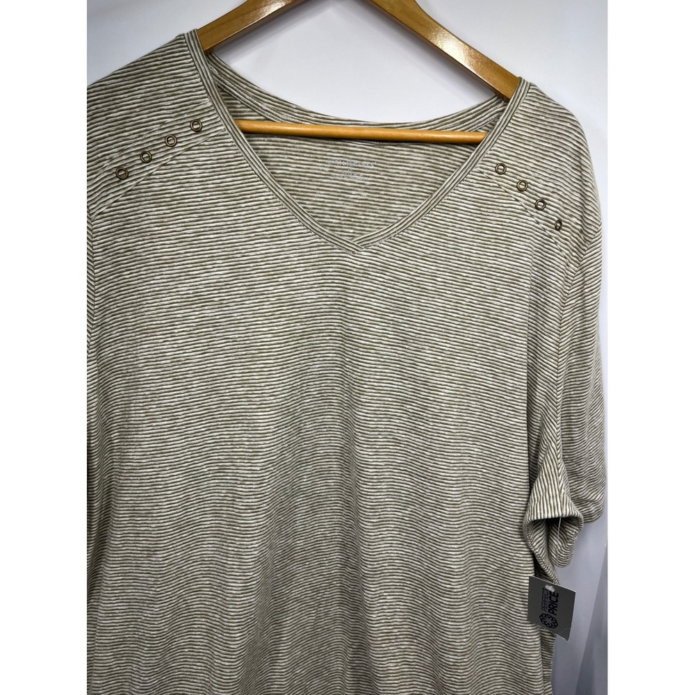 Catherines Womens 2X 22/24W Olive Green Striped V-Neck Grommet Top NWT